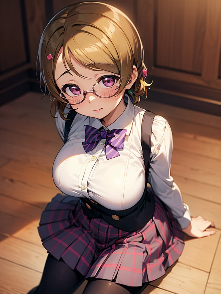masterpiece, best quality, high quality, detailed, exquisite, beautiful, (((koizumi hanayo, love live!, love live! style,))) short hair, brown hair, purple eyes, tareme, droopy eyes, pale skin, shiny skin, ((large breasts, glamorous,)) cute face, otonokizaka_school_uniform,blue blazer,striped bowtie,plaid shirt,pleated shirt,blue skirt,zettai ryouiki, black pantyhose, red glasses, blush, ager,