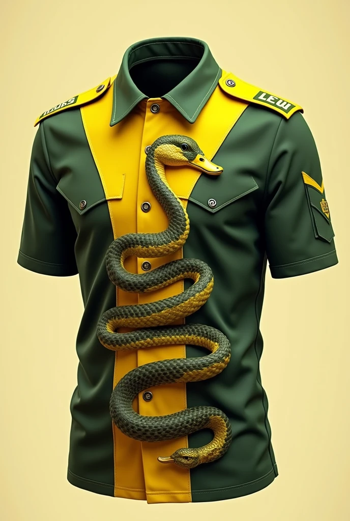 Yellow and green shirt, Military standard, with the print of a snake with a duck&#39;s head