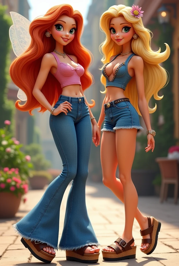 Winx Club characters Stella and Bloom. Bloom wears a tank top, denim bell-bottomed pants and cork-soled birkenstock platform sandals Stella wears a tube top, a denim mini skirt and platform slippers, extremely deatiled feet, extremely detailed eyes and face, beautiful detailed eyes, beautiful detailed lips, photorealistic