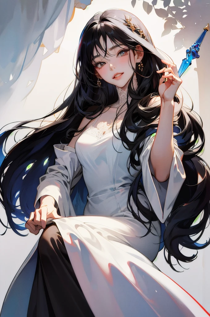 a drawing of a woman with long black hair and a white shirt, side boob, heavy gesture style , flat anime style shading, full body illustration, extra detail, clean detailed anime style, wearing a white tanktop, wearing tanktop, thick border lines --auto --s2
