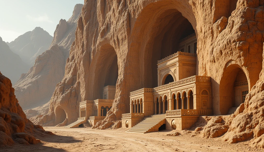 A picture showing the houses of the Thamud people carved into the mountains with fine details that reflect the luxury and power they enjoyed.