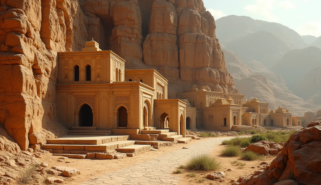A picture showing the houses of the Thamud people carved into the mountains with fine details that reflect the luxury and power they enjoyed.