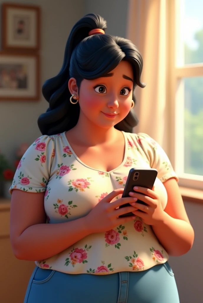 Mary, 30years, brunette skin, chubby, voluminous breasts, black hair tied behind the head, looking at cell phone ,wearing a floral blouse and blue pants, pixar 3d illustration