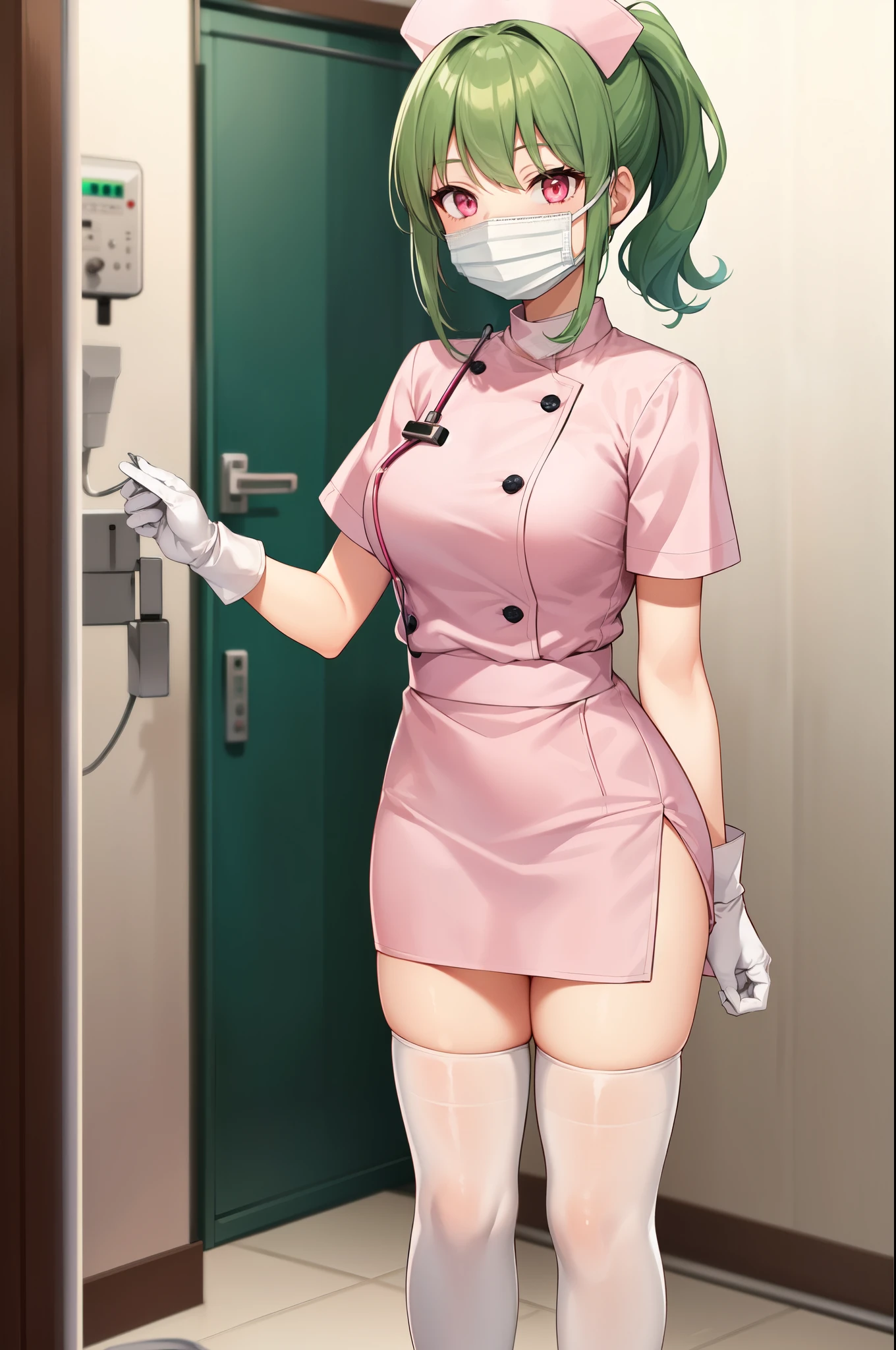 1girl, solo, nurse, nurse cap, white nurse uniform, ((white legwear, zettai ryouiki)), white gloves, ponytail, green hair, pink eyes, ((white surgical mask, covered nose)), standing, ((hospital room)), sharp outline, short sleeves, best quality, masterpiece