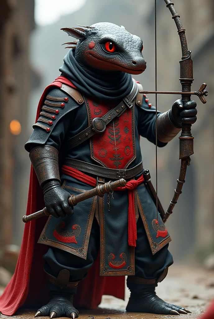 An anthropomorphic black salamander with red patterns and wide hips, clothes of a medieval style guard with a recurve bow in hand