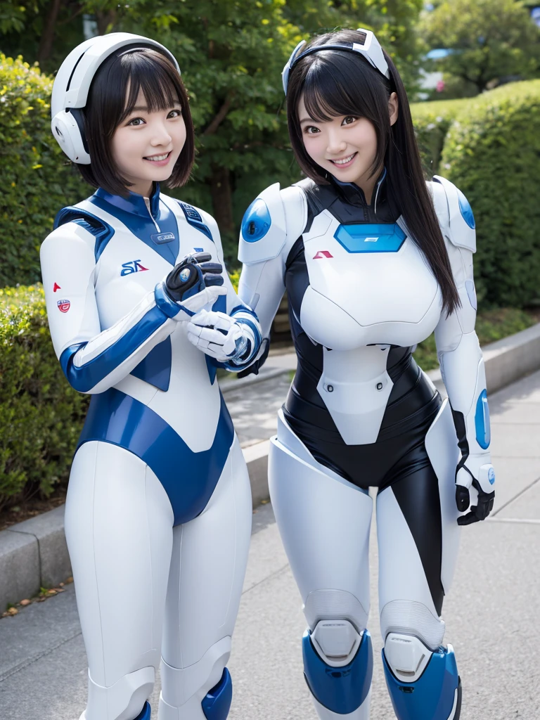Japanese female android sisters,Black Hair,White and blue robot suit,Plump,Playing around in the park,smile,