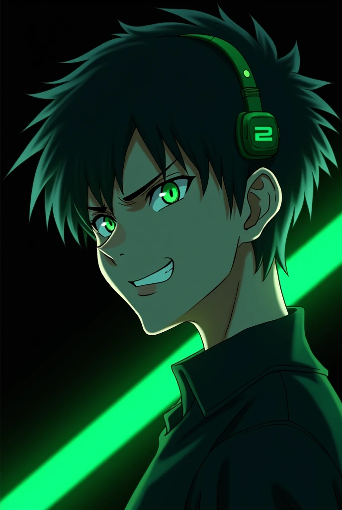 Anime side profile of a white adult male, angry, neon green eyes, black short wavy hair, a black shirt, a green headset. With a black background with neon green rays