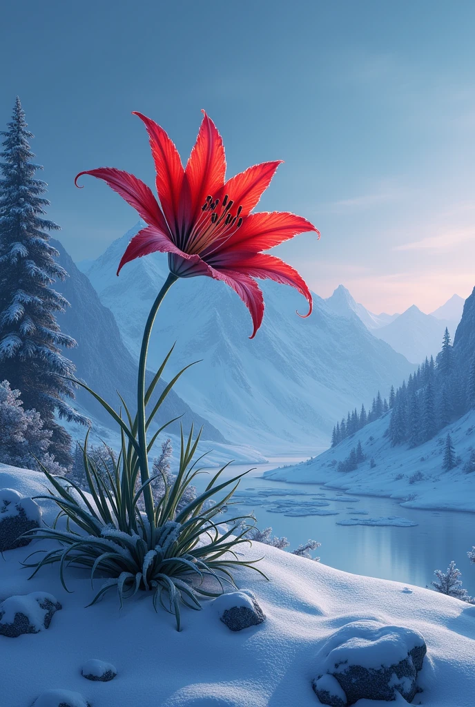 A single, vibrant red spider lily blooming powerfully in the midst of a snow-covered mountain. The scene is enveloped in a blue, cool atmosphere, with deep blue hues reflecting off the snow. The red flower stands out in stark contrast against the cold, wintry landscape, symbolizing resilience and beauty. The sky is tinged with a gradient of twilight blue, enhancing the serene yet powerful mood of the image.”