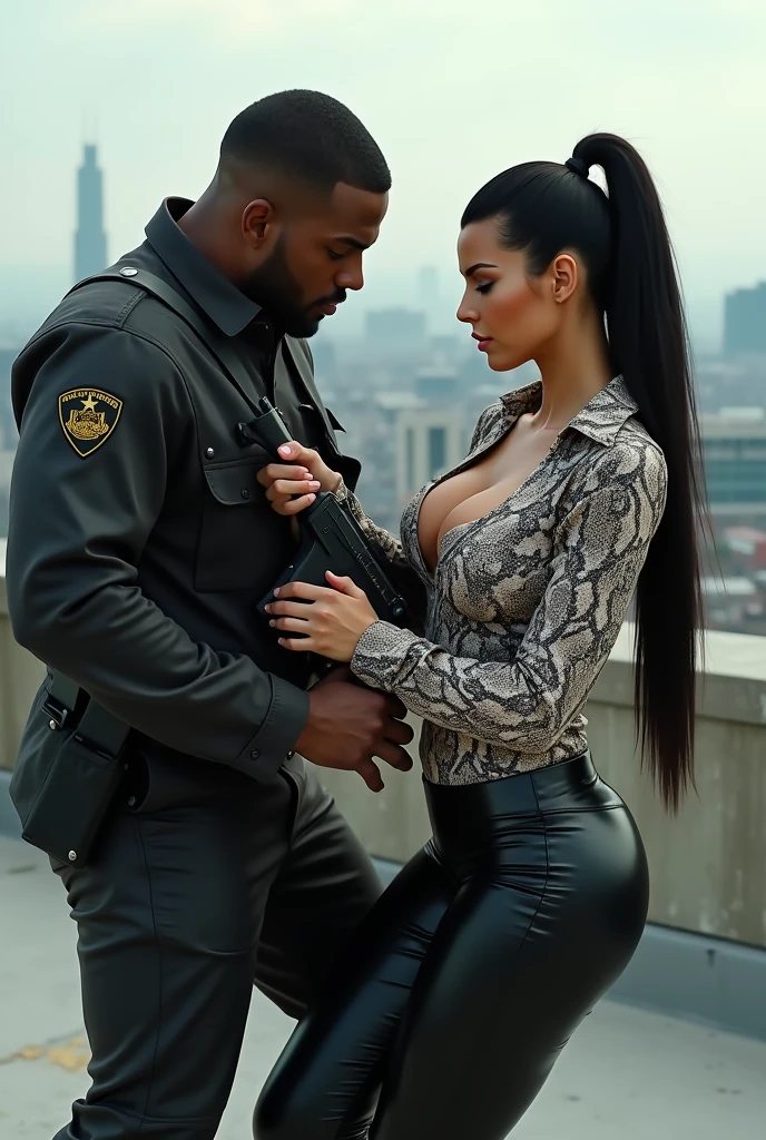 Kim Kardashian with long straight black hair in a ponytail in a snake print shirt with buttons and sleeves and not cropped, generous cleavage,in very tight black leather pants , she fights with a soldier for a gun , the soldier grabs the gun , on a roof