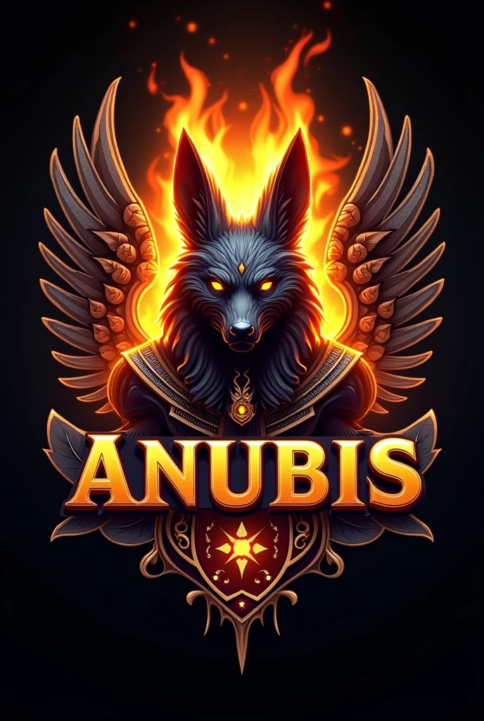 create a gamer logo with the character egyptian god anubis, The logo must have a coat of arms with the character in front of the front bust, and the name written ANUBIS, Anubis has to be on fire epic dragon gamer style