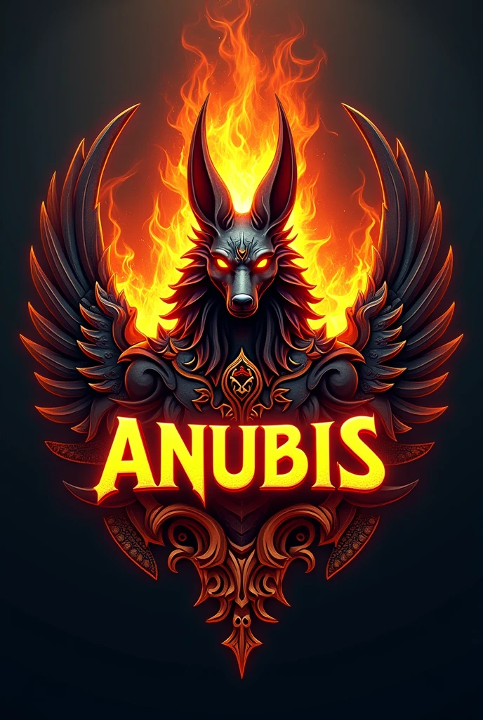 create a gamer logo with the character egyptian god anubis, The logo must have a coat of arms with the character in front of the front bust, and the name written ANUBIS, Anubis has to be on fire epic dragon gamer style