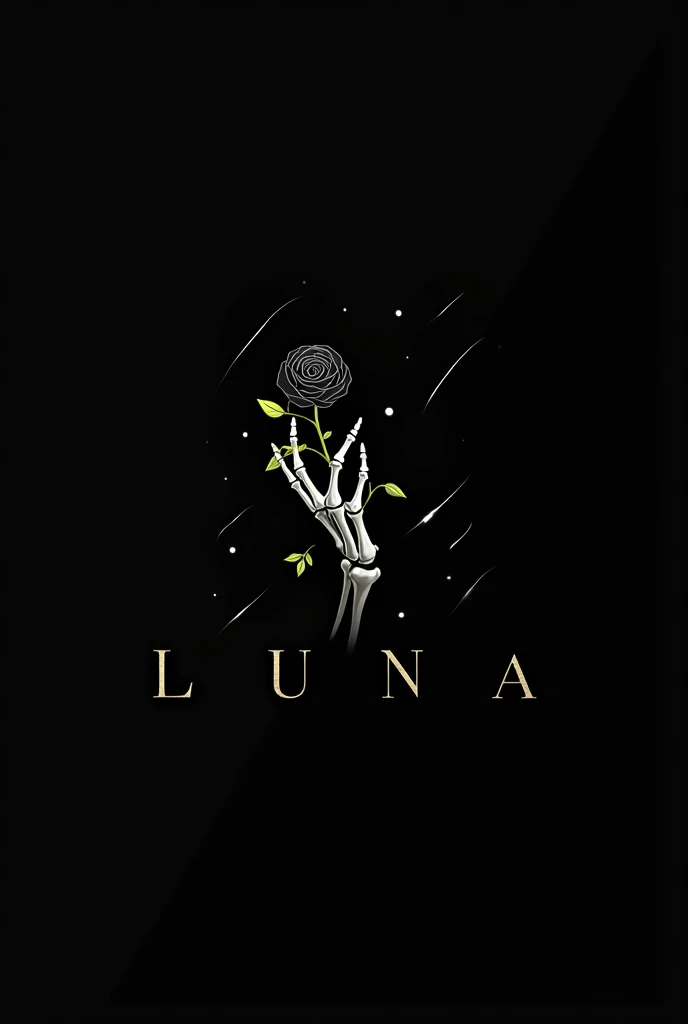 High resolution, logo spelling Luxury “LUNA” , brand logo, LUNA”, shooting stars, black roses with green leaves, blood moon, horror, white background, skeleton holding rose with hand, LUNA”, blood moon, Stars, 