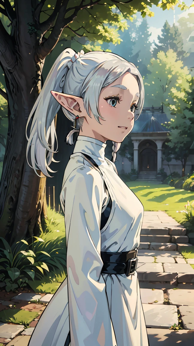 (((Bust-up composition))), Freyren, 1 girl, (((Long hair: 1.5))), Long pointy ears like an elf, (((Long silvery white pigtails: 1.5))), Jewelry, Elf, Earrings, Capelet, White capelet, Black and white striped long sleeve shirt, Parted bangs, Dress, Belt, Flowers,
--Stunning artwork of a majestic female character standing in an enchanting location, a mystical landscape. The full-body shot shows her in a stylish and unique outfit. , emanating an aura of grace and strength. Her long, flowing silver hair,,--
(16k, 8K, RAW, Best Quality, Masterpiece 1.2), Ultra HD, High Resolution, High Quality, Best Quality, (((Full Body Image 1.3))), Best Quality, Ultra High Resolution, ---Perfect anatomy, perfect proportions, great lighting, bright and vivid colors, clean lines, information, blurred, stunning facial expressions, restless emotions, gorgeous and cute, beautiful face and eyes in every detail, (masterpiece) beautiful face, young and handsome girl, really perfect skin, blurred, stunning facial expressions, restless emotions, gorgeous and cute, beautiful face and eyes in every detail, (Audrey Hepburn), (cute), (J-POP idol), (thighs, (depth of field), (depth of field), soft light, shining lens gaze, (droopy eyes), straight teeth, shy smile, flowing hair, a scene from Blake's movie,