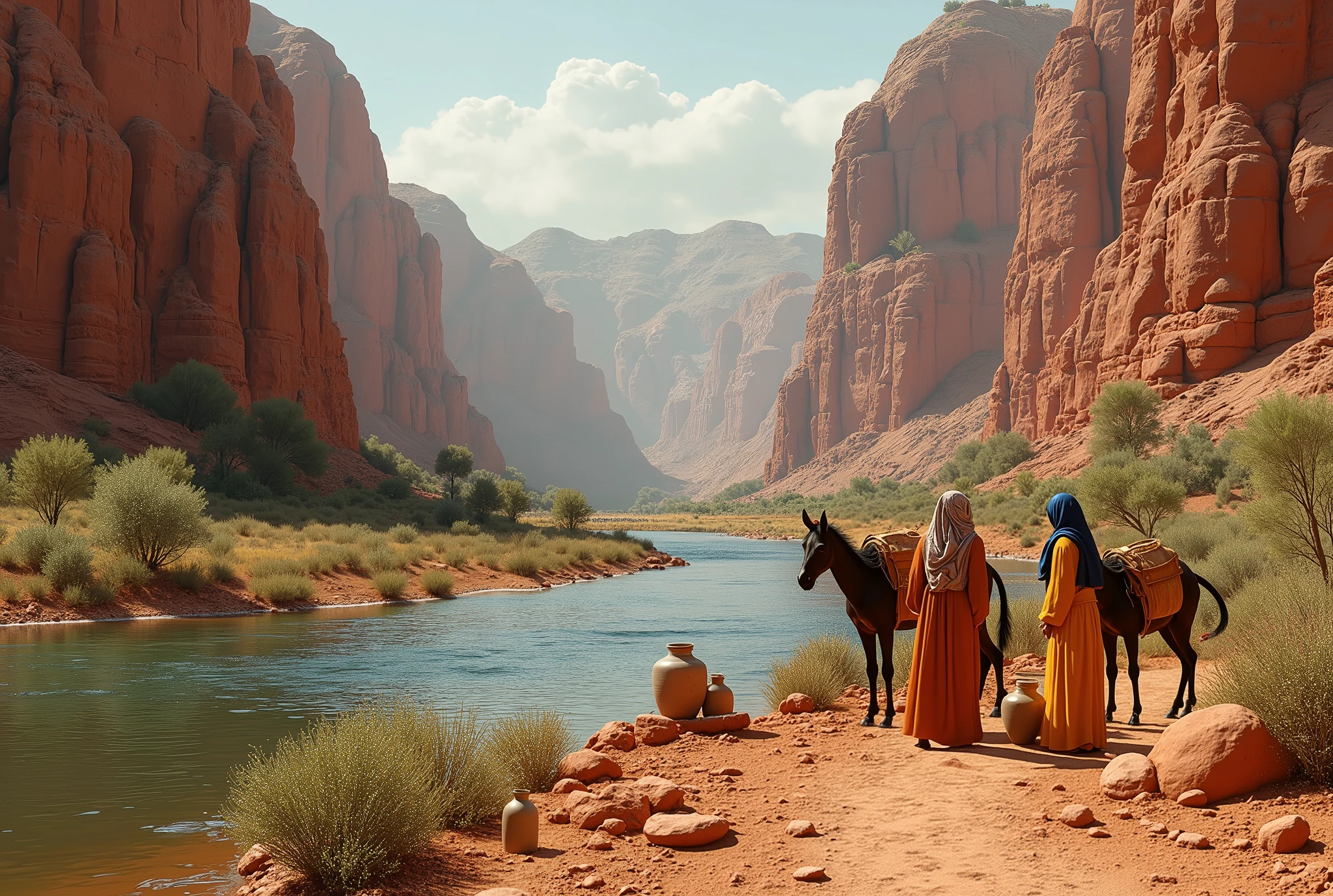 Une image d'une rivière coulant dans une vallée aux roches rouges, comme celles d'Australie. Une image réaliste et plus précise de la vallée, comme un tableau de l'artiste Léonard de Vinci, résolution 4K, femmes bédouines au milieu. vallée, les jambes presque nues, remplissant des bocaux. Il y a des ânes avec des bocaux dessus. La scène est proche du fond de la rivière.