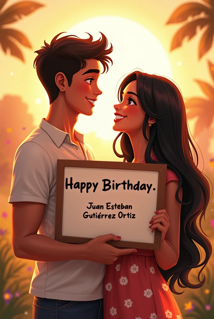 A young man with light brown skin and dark reddish brown eyes , a little muscular and short hair happy called Juan Esteban Gutiérrez Ortiz because in front of him is his friend Danna with dark skin, dark brown eyes and very long hair down to her tail (women) young man holding a sign that says "Happy birthday Juan Esteban Gutierrez Ortiz ♡" that they look at each other's faces with joy and in the background there is a landscape that represents that joy and that they have a nice matching outfit , but they look younger and the boy is like flirtatious and with hair a little shorter And the young girl looks a little younger with a submissive face, Well, they are looking slightly at the camera here in front. , This image is perfect