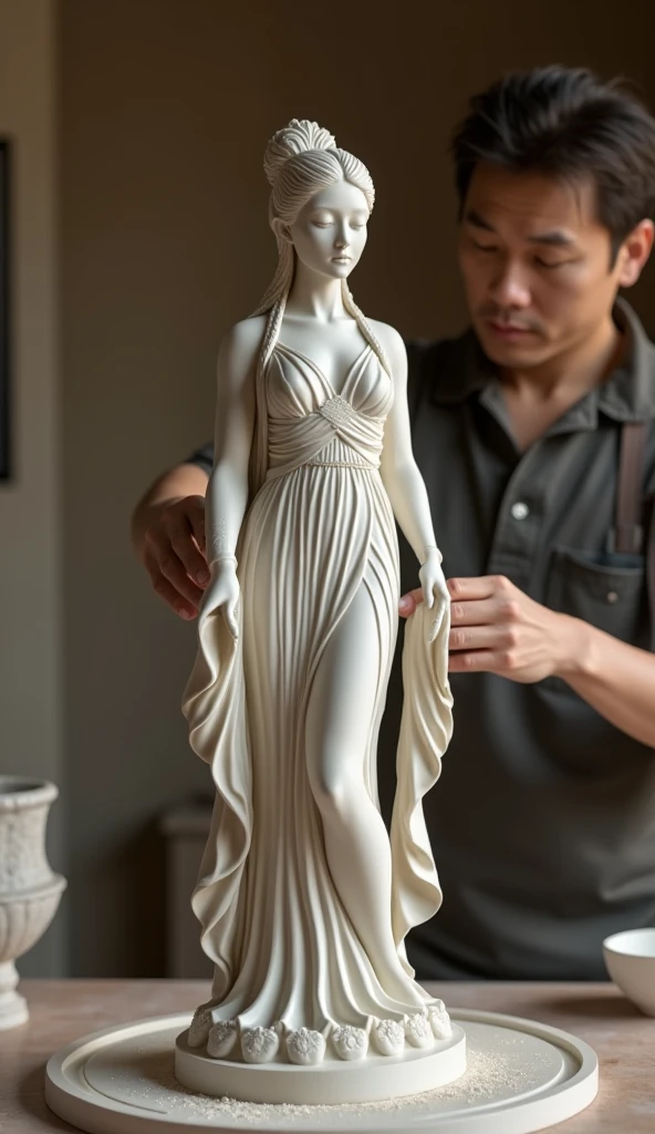 a detailed ceramic statue of a goddess, ceramic artist working on sculpting a ceramic statue, (best quality,4k,8k,highres,masterpiece:1.2),ultra-detailed,(realistic,photorealistic,photo-realistic:1.37),hyperrealistic,intricate ceramic sculpture, highly detailed ceramic goddess statue, ceramic artist sculpting, artist's hands sculpting clay, studio setting, warm lighting, ceramic studio, clay modeling, meticulous ceramic craftsmanship, porcelain goddess statue, elegant female ceramic figure, graceful ceramic goddess, delicate ceramic features, ornate ceramic statue, porcelain goddess sculpture, ceramic art, traditional ceramic techniques