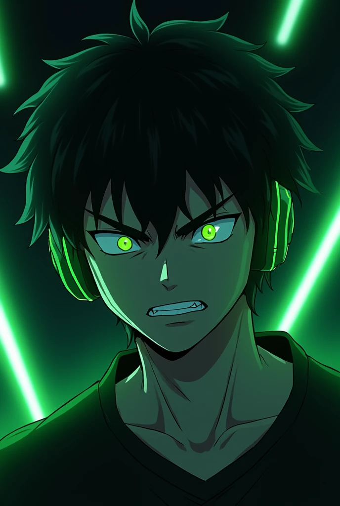 Anime side profile of a white adult male, angry, neon green eyes, black short wavy hair, a black shirt, a green headset. With a black background with neon green rays