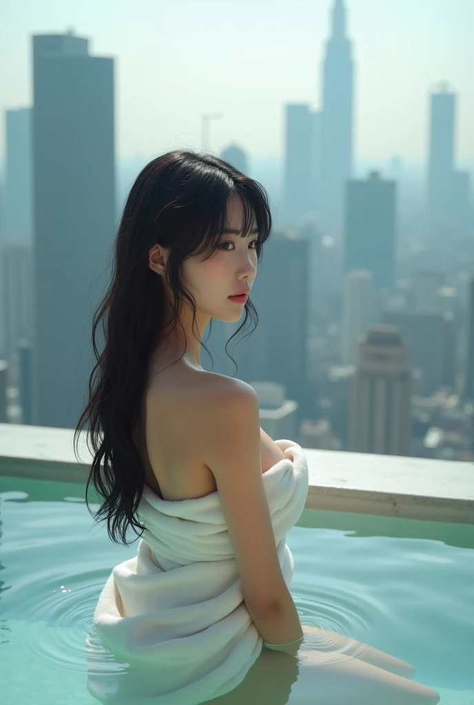 最high quality、high quality、best image quality、8k、最High resolution、High resolution、最high quality、masterpiece、far and near method、Detailed and realistic human body、Realistic skin in every detail、Realistic face in every detail、Realistic eyes down to the details、Realistic lips in every detail、Realistic teeth in every detail、Detailed and realistic ears、Detailed and realistic hair、Detailed and realistic arms、Realistic reproduction of every detail、Realistic fingers in every detail、(fine hands、thumb1reference4)、Realistic feet down to the last detail、((beautiful japanese girl))、(japanese model), (japanese woman)、((1 beautiful girl))、(black hair)、(random hairstyle)、(sexy look)、((whole body))、((beautiful upturned chest))、(slim style、slender style)、(whole body glossy skin、Fair skin)、((Wrap a thin white towel around your body))、((Thin towel(Her skin is visible through the wet thin towel.))、(The shape of her nipples is clearly visible through a wet thin towel)、(The shape of her pussy is clearly visible through the wet thin towel.)、((A wet thin towel sticks tightly to her skin.))、(soft natural light)、((rooftop of skyscraper(An artificial open-air bath on the roof))、((wall、fence、An open-air bath with no partitions))、((An open-air bath that can be seen from the surrounding skyscrapers))、((You can see the skyscrapers in the background.))、((big bathtub(deep bathtub))、((take an open-air bath))、((A woman warming herself in an open-air bath))、((A woman relaxing while lying in an open-air bath))、((Bathing in an open-air bath))、((Bathing in an open-air bath))、((Bathing in an open-air bath))、((Sleeping underwater in an open-air bath))、((An open-air bath where you can immerse yourself up to your shoulders))、((Very clear water))、((The main body seen from the water surface))、((Steamy open-air bath))、((A lot of steam rises from the open-air bath.))、sexy pose