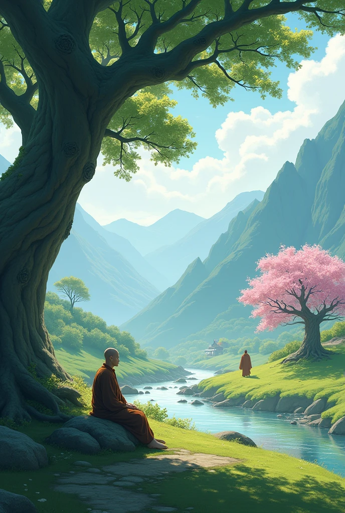 Monk sitting under a big tree and the river flowing and the place muntain valley and pink boloosam tree want to be there and certain monk passing over them and a nija house and beeing swords training