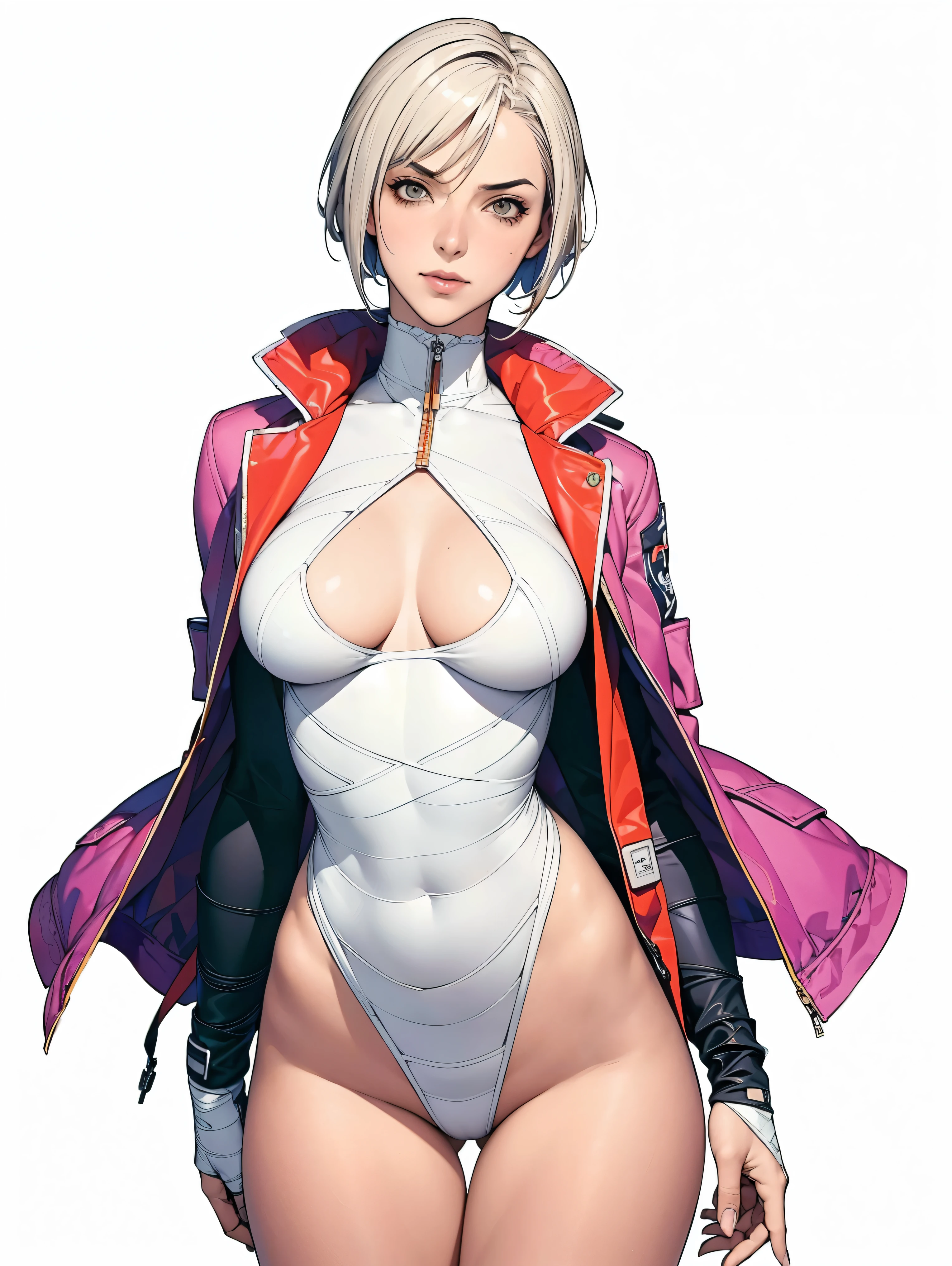 (((Annie Lennox))), (((colorful suit))), (scars), (((bandaged arms))), (((colorful clothes))) (( hood)), (((best quality: 1.4))), (Unbeatable masterpiece), (hyper HD),(CG 8k hyper-realistic), beautiful face, (((breasts big))), (((hyper feminine))), sexly girl, ((round face)), black tattoo,(ultra short red hair with white highlights)), ((( sculptural body ))), (((1 Kizi))), Kizi tatuada de 25 anos com perfect body, perfect hands, perfect fingers ,Beautiful and well-groomed face, (round face), muscular body:1.2,solid color detailed jacket, (Head to thigh photos), Complex equipment, ,Tight clothes,With white stars and off-white stripes,,,,,Armor Metal Electronic Parts, Poison tattoos ) INFO, Kizi, (((standing alone))), , 24歳, sexy, pose de attitude, work of art, dancing, ((slight smile)), post-apocalypse, (((manga style))), bounty hunter, the way you want, perfect body, roupa moderna, advanced technology, white, yellow accent, black, red accent, fur collar jacket, sleeves with vertical striped pattern, background city, (( cowboy shot )). intricate visual, narrow waist, (((wide hips))), wide hips, fit thighs, (((thigh gap))), Thigh gap, background shows a futuristic airplane, open expression, expression happy