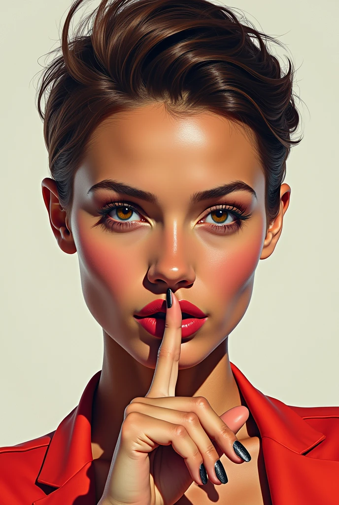 colourful drawing, very realistic of a woman of about 2, with Latin strokes, body similar to that of athlete Jutta Leerdam, short and stylish hair. Close-up of the face, we see her making a silence sign, with your finger in front of your mouth and a sensual look.