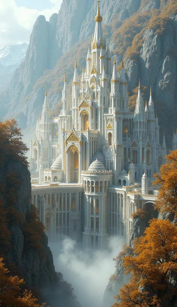 The image you uploaded portrays a grand and majestic fantasy city, with intricate and towering structures that appear to be carved into a mountainside. The architecture is characterized by tall spires, ornate arches, and domes, all adorned with golden accents that glisten in the light. The buildings are a pristine white, contrasting beautifully with the golden-orange foliage of the trees scattered throughout the city. Mist gently rises around the base of the city, adding a mystical and ethereal atmosphere to the scene. The setting is reminiscent of an elven city from high fantasy, exuding elegance and otherworldly beauty.