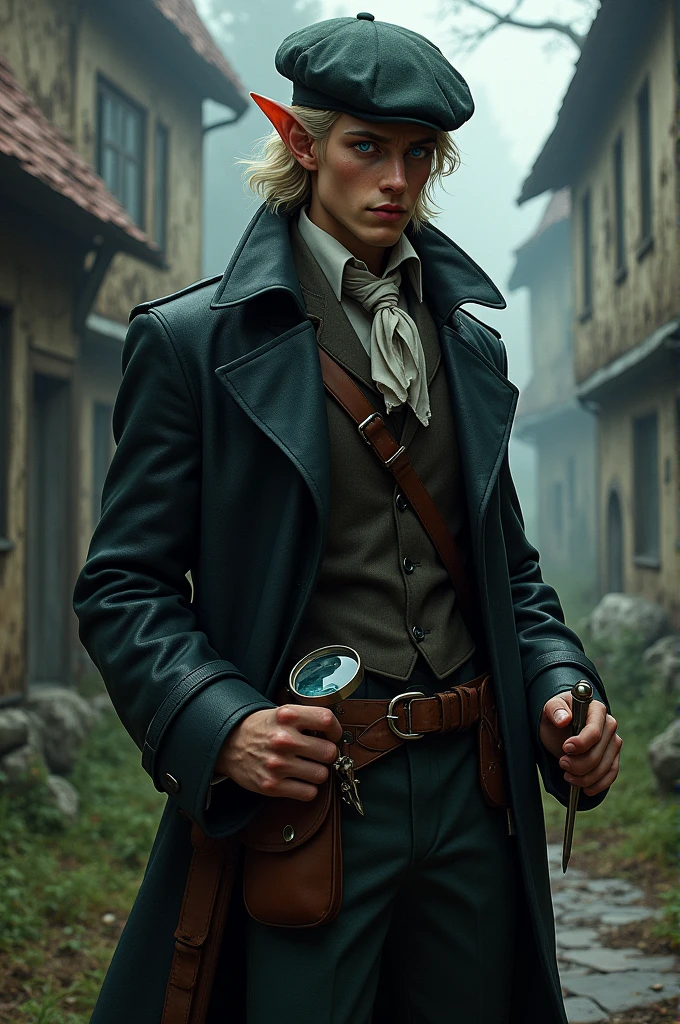 ```A half-elf who hides his pointy ears with an English-style beret, wearing a leather-trimmed suit as part of his undergarment, and wearing an overcoat in front of his clothing. and from the armor set, he has blue eyes, in a sheath on the right he has a short iron sword, and in front of his belt he has a pouch, in his right hand he uses a magnifying glass and in the left He holds a first aid kit, the scenery behind him is reminiscent of a medieval house in pieces, and he has a mysterious air as does his face which is half covered by a piece of cloth.