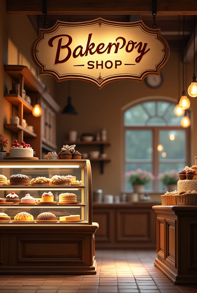 "Create a detailed image of a cozy bakery shop interior with a large sign that reads 'Backery Shop' prominently. Include a display case featuring a variety of cakes, including a decorated photo cake with a custom image on it. The setting should be inviting, with warm lighting and a charming, rustic design."