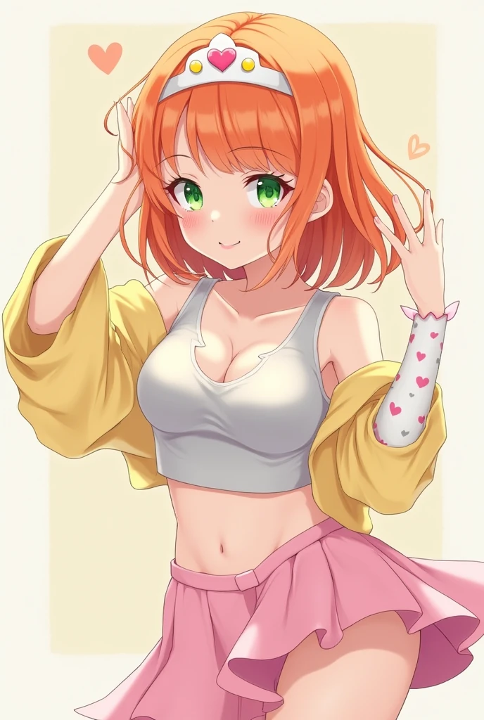 create an image of a cute girl with orange hair with bangs a white tiara with a yellow and pink detail on the tip of the tiara,She has a light gray crop top that goes up to her neck but has a small heart-shaped hole in the shirt that shows a little bit of her breasts.,big breastsshe has a pastel yellow blouse that falls down showing her shoulders and belly,she has a pink skirt with white socks with a heart on it she has a pastel yellow ankle warmer with green eyes



