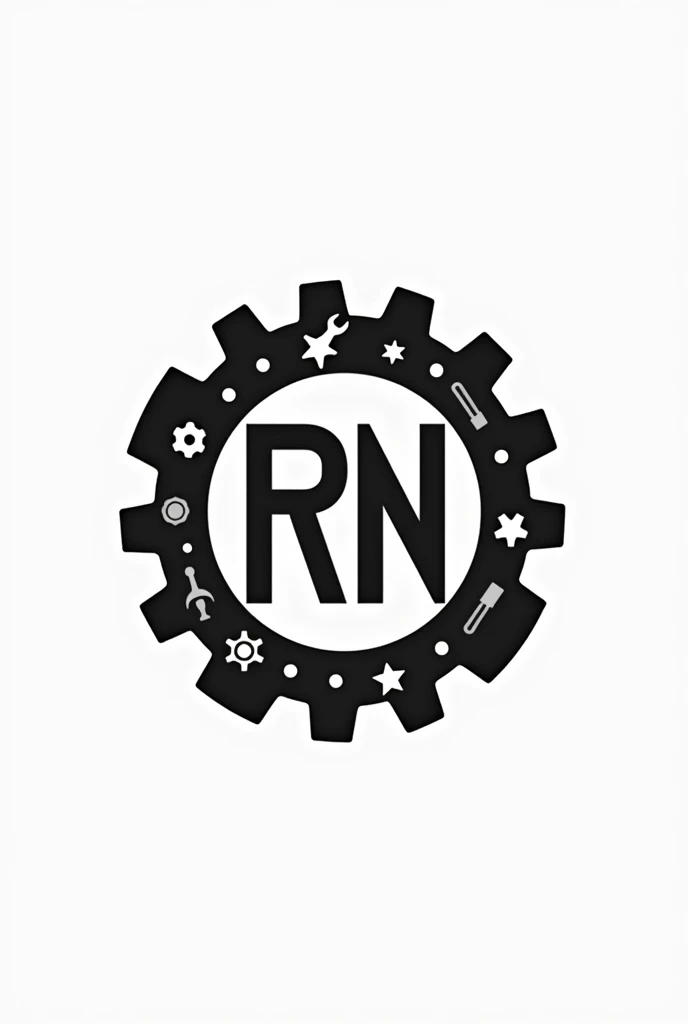 RN logo that is black and white, related to mechanical engineering with mechanical tools and equipment, cool yet simple