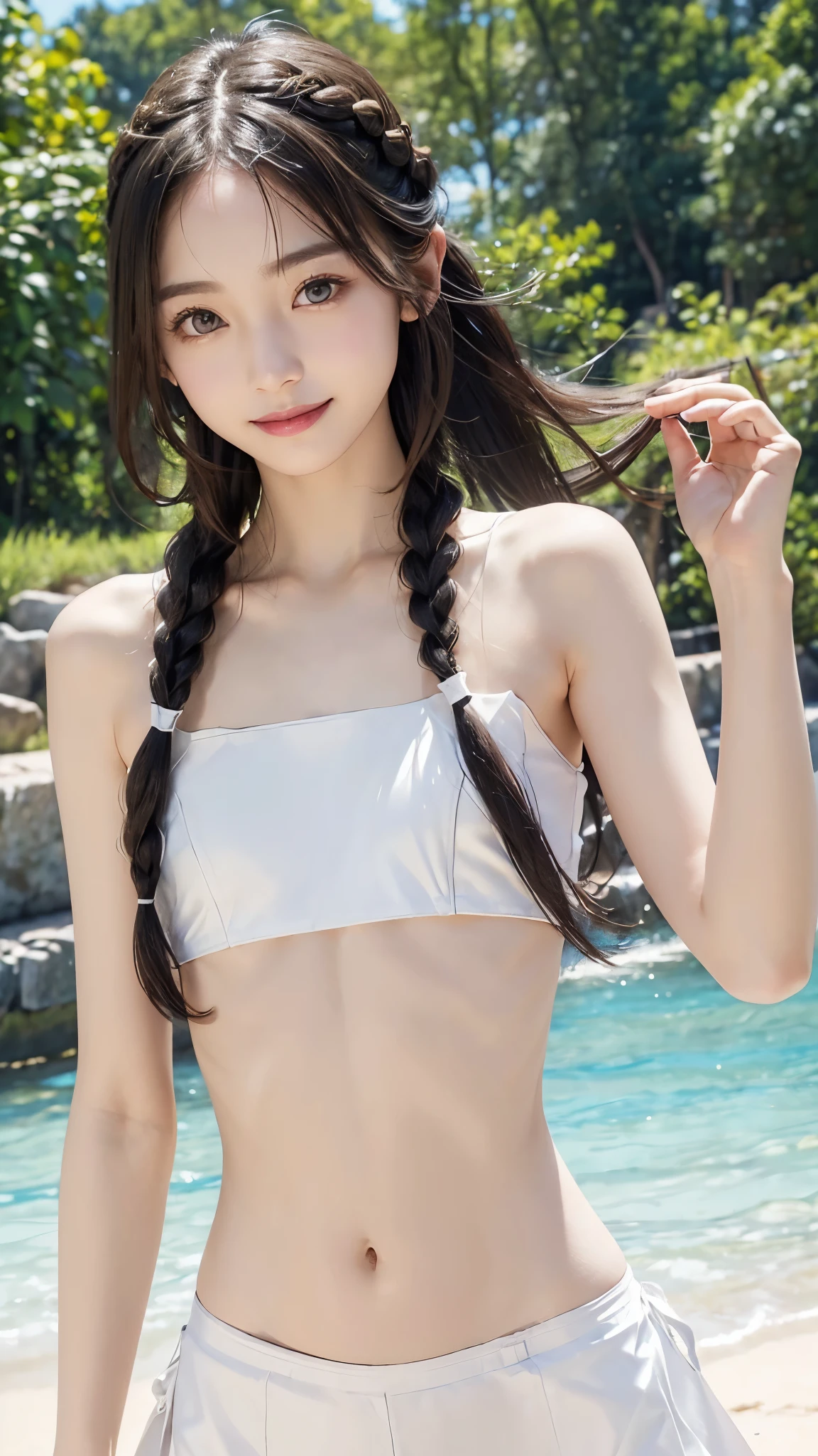 yuzuki yukari, extremely delicate and beautiful, back, from_side, thick_thighs, holding_weapon, shiny_skin, girl,woman,female, young,20 years old, very long hair, wavy hair, bangs, brown hair, delicate beautiful face, light smile, thick_eyebrows, beautiful eyes, upper_teeth, bare_shoulders, normal hands, medium_breasts, midriff, , brown eyes, white skin, red_bow, piercing, gun, indoors, blue_sky, transparent_background, wallpaper 8k CG,