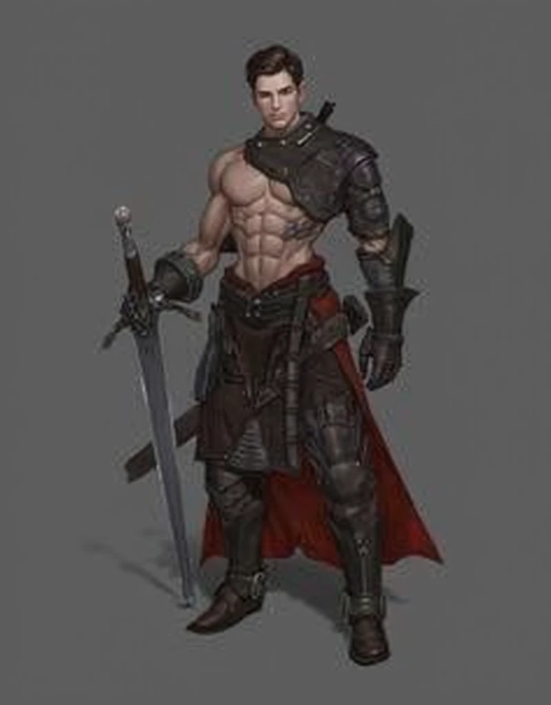 A warrior boy with a firm countenance and sharp eyes with Brazilian aspects, brown skin, dark golden eyes, short black gradient hair, well aligned face, a battle scar that starts at the jaw and ends at the cheekbone, firm eyebrows highlighting the deep and intimidating look.