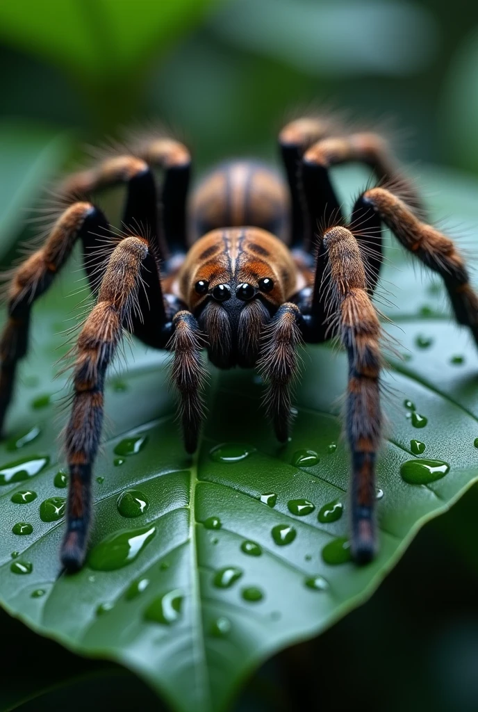 "Create an extremely realistic image of a tarantula up close, positioned on a wet leaf. The tarantula should have fine detail, showing the texture of the hairs, articulated legs and glowing eyes. The leaf should be covered in water droplets, reflecting light realistically and adding a cool effect. The background should be diffuse, to keep the focus on the tarantula and the leaf, and the lighting should highlight the details of the leaf's surface and the spider's body."