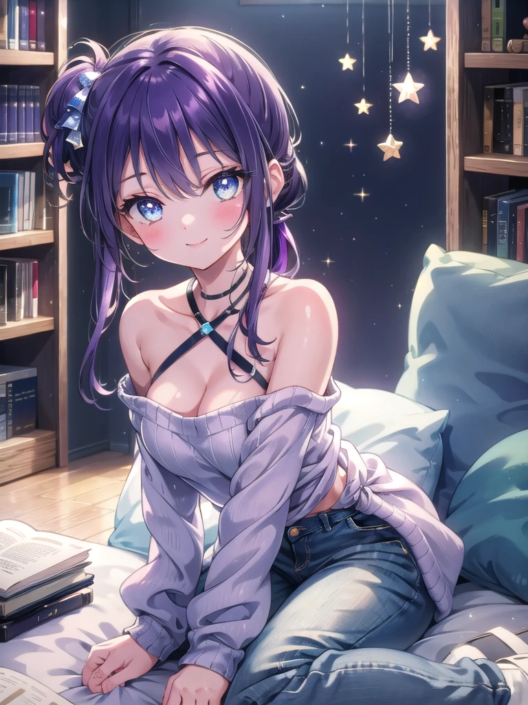 ((8k, Best Quality, Masterpiece: 1.3)), Ultra High Resolution, (1 girl, Single Person), (Color Changing Eyes, Super Detailed, Expressive Glow, Sparkling Eyes), Highly Detailed Eyes, Relaxed in a Knitted Top and Jeans, Smiling at the Camera
"Create a Vtuber character with purple hair styled in twin ponytails, tied high with small, decorative star clips. Her indigo eyes have a tareme style, enhancing her sweet, endearing look, with a warm smile directed at the camera as though sharing a special moment with her boyfriend. She is sitting cross-legged on the floor, leaning forward slightly with a playful, flirty expression. She wears a soft, off-white knitted top that gently hugs her figure, with the neckline subtly dipping to show a tasteful hint of cleavage. Paired with light blue skinny jeans, the outfit gives her a casual, everyday look with a touch of feminine charm. The room is a simple, neat one-person space with a small bookshelf, light pastel walls, and a warm, cozy light that highlights the personal and inviting setting."