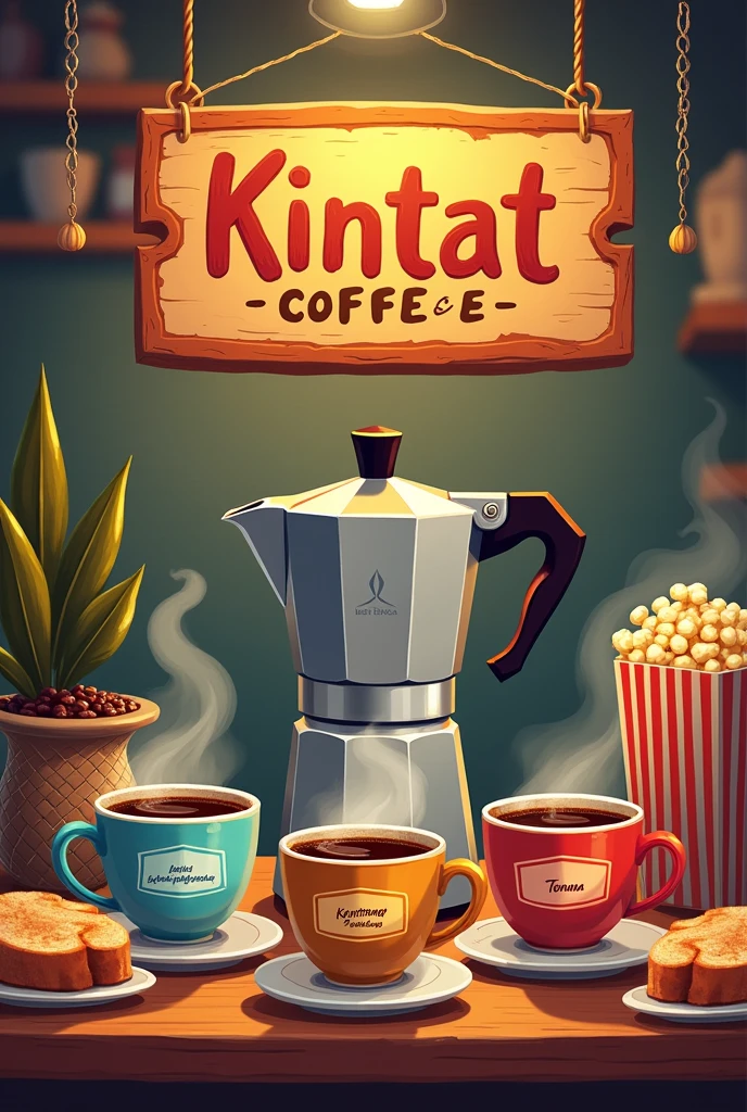A business shope sign named Kintat Coffee. With a Moccapot brew coffee on to a three cups. Each cup has a name printed on it says Kintat-Abol Kintat-Bereka and
Kintat-Tonana.
With full of coffee steam in the air. Toasted bread and jam spread on it. Popcorn with box at the back. And a sign at the bottom that says Enjoy your Coffee