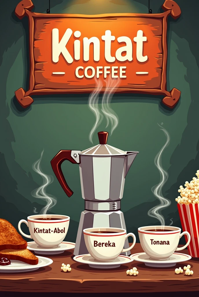 A business shope sign named Kintat Coffee. With a Moccapot brew coffee on to a three cups. Each cup has a name printed on it says Kintat-Abol Kintat-Bereka and
Kintat-Tonana.
With full of coffee steam in the air. Toasted bread and jam spread on it. Popcorn with box at the back. And a sign at the bottom that says Enjoy your Coffee