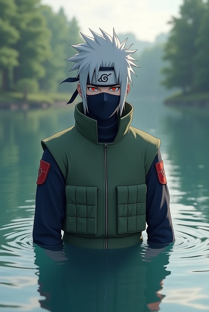 Kakashi Hatake, (in a lake), masterpiece, best quality, ultra quality, absurd details, best light, best shadow, sharp, sharp picture, detailed face, detailed eyes, detailed hair, detailed, extremely detailed, great resolution, 8k, 4k, uhd, ray tracing, beautiful effects, image of (full body)