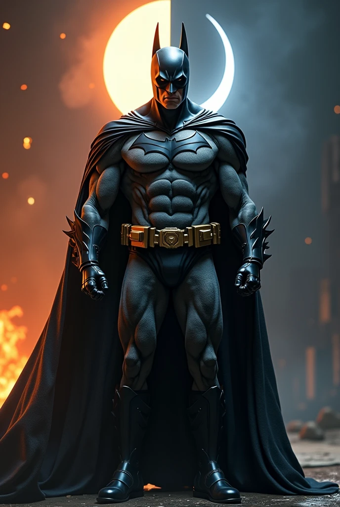 Half batman face and body and another Half Moonknight. More background 50% dark and firey and 50% bright...make one side of face look like moonkoght. Make it marvel hero Moon knight the other half.