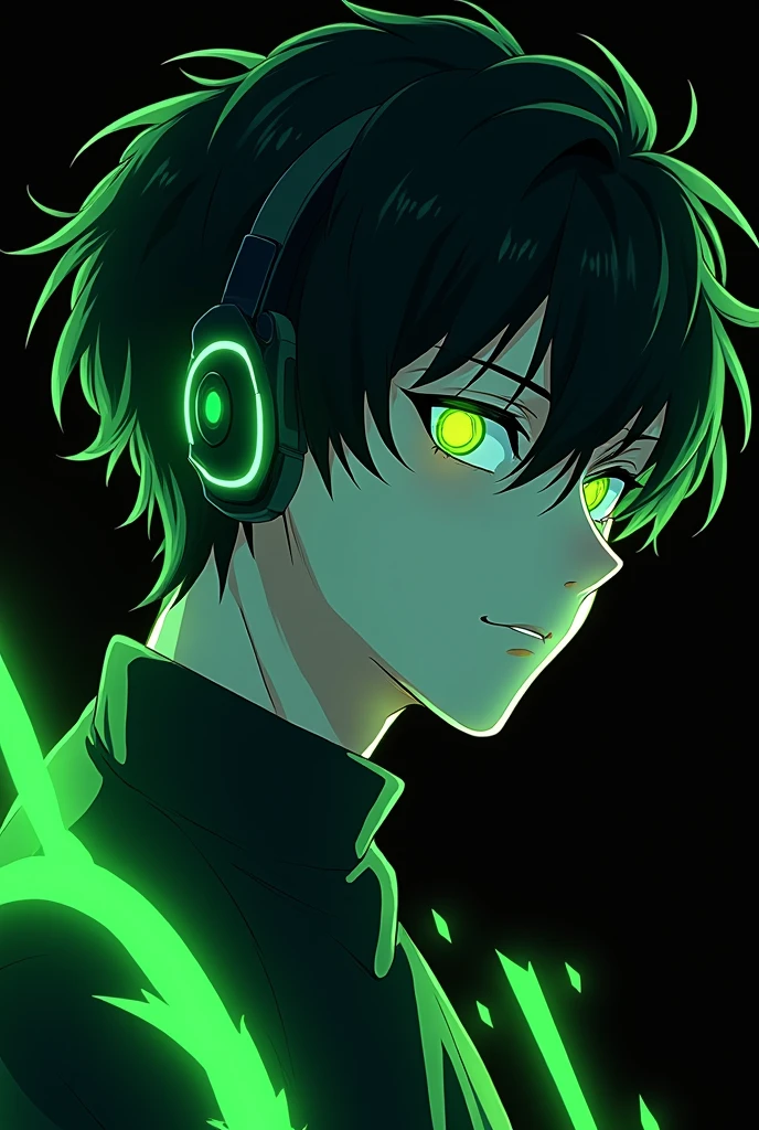 Anime side profile of a white adult male, with psychopath, neon green eyes, black short wavy hair, a black shirt, a green headset. With a black background with neon green rays