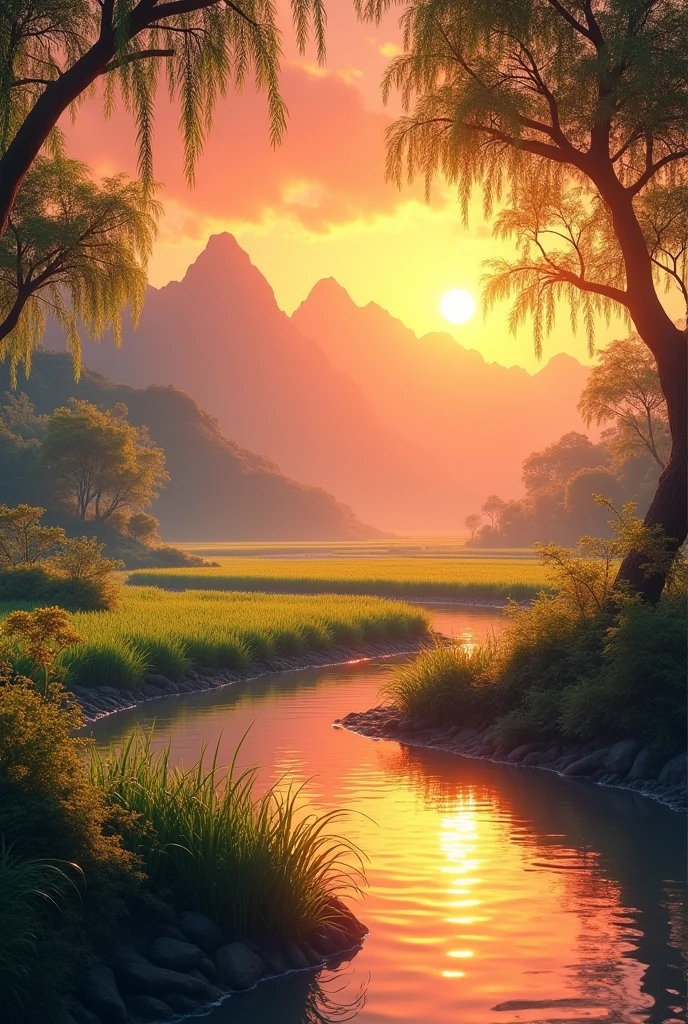 The mountains in the distance are reflected in the sunset,At the foot of the mountain,Tree-lined,The leaves sway gently in the breeze,As if dancing with the sunset,Leaves in the sunset,sprinkle,Draw beautiful patterns on the Earth,A small river,River at sunset,shiny，Flashing Lights,Weeping willow by the river,Willow branches swaying in the wind,The other side of the river，it&#39;in a rice field,The afterglow of the setting sun sprinkles on the rice fields,it's like a sea of gold,A gentle breeze blows,Beautiful sunset scenery。The afterglow of the sunset gradually disappears，Realistic style