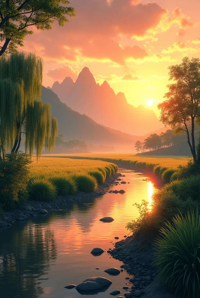 The mountains in the distance are reflected in the sunset,At the foot of the mountain,Tree-lined,The leaves sway gently in the breeze,As if dancing with the sunset,Leaves in the sunset,sprinkle,Draw beautiful patterns on the Earth,A small river,River at sunset,shiny,Flashing Lights,Weeping willow by the river,Willow branches swaying in the wind,The other side of the river,it'in a rice field,The afterglow of the setting sun sprinkles on the rice fields,it's like a sea of gold,A gentle breeze blows,Beautiful sunset scenery。The afterglow of the sunset gradually disappears,Realistic style