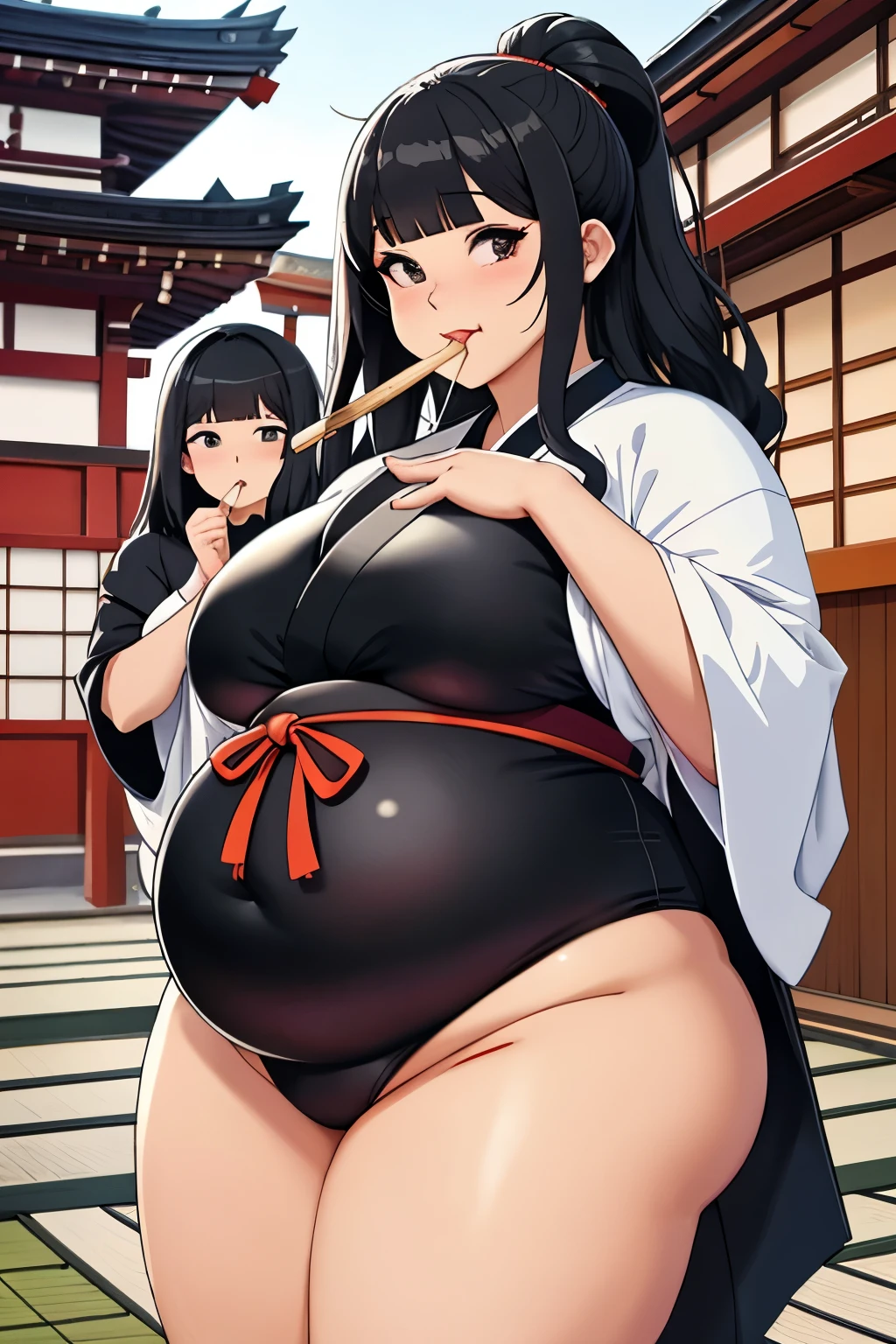 2fat sumo girls eating a lot of rice bowls, black hairs, black eyes, minimalistic white sumo mawashi outfits, inside Japanese temple background, medieval Japan