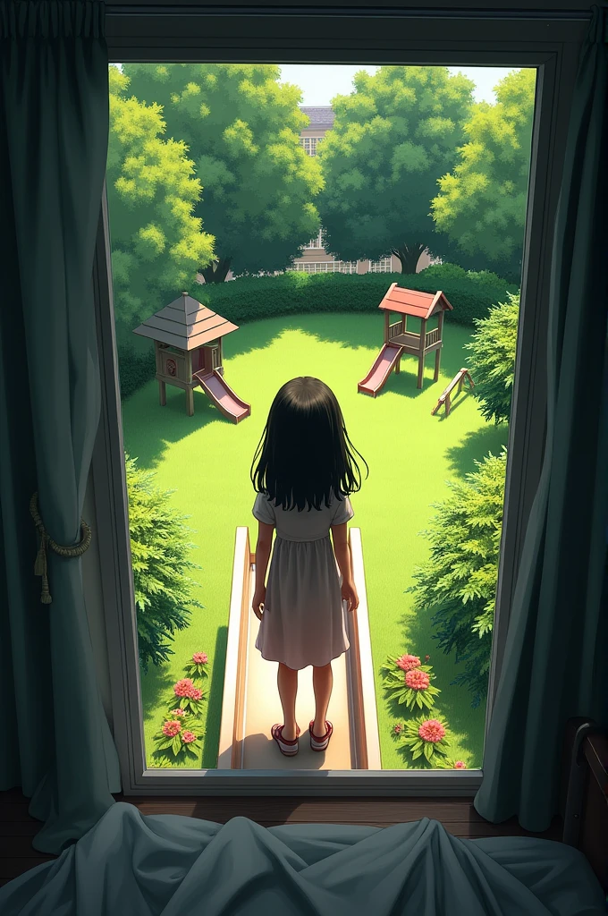 An picture of a garden from 5th floor bedroom window . A garden contains one slide and one swing where a girl of 5 to 6 years is standing on the slide looking at camera but her face isnt visible due to lack of light