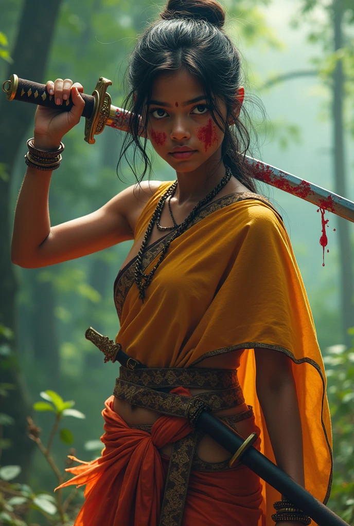 Kerala girl in traditional dress, in hand a katana with blood and her face with blood 