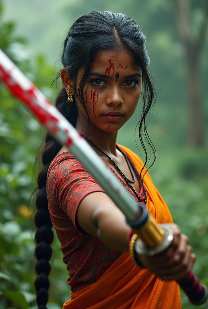 Kerala girl in traditional dress, in hand a katana with blood and her face with blood