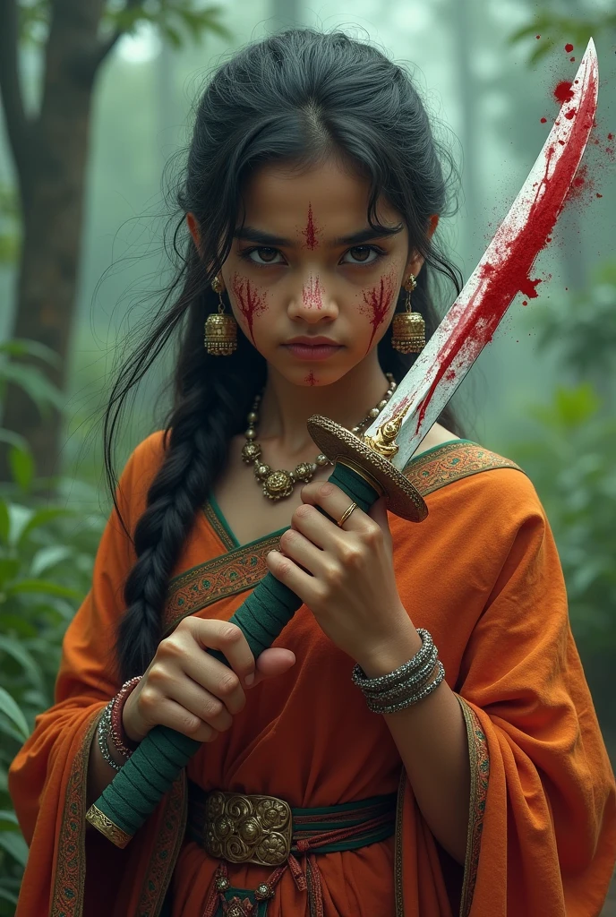 Kerala girl in traditional dress, in hand a katana with blood and her face with blood 