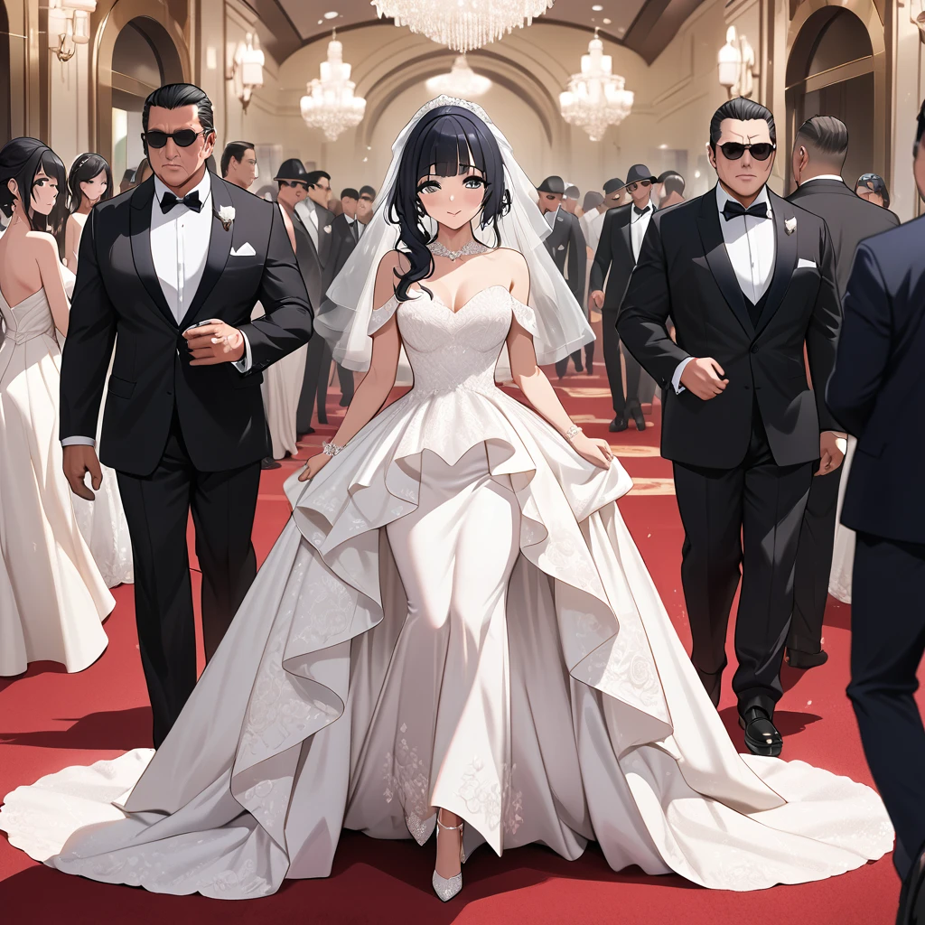 ((Highest quality)), ((masterpiece)), (detailed), (Perfect Face)、The woman is Reika Aoki, the wife of a mafia boss, with medium-long black hair and an engagement ring.、At a luxurious wedding hall, a woman is wearing a gorgeous wedding dress and happily walking down the red carpet aisle with a mafia boss man, having a luxurious mafia wedding.