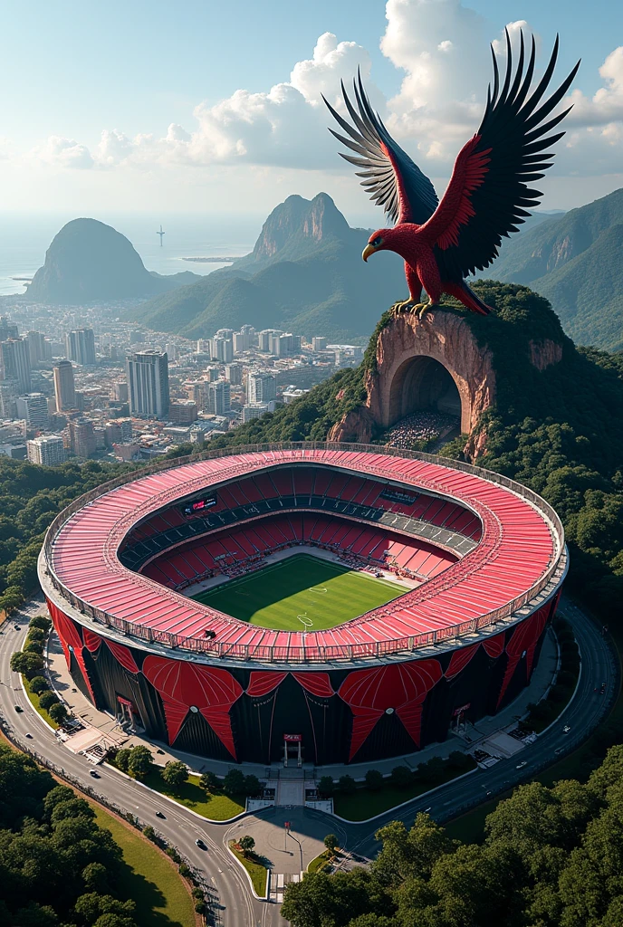 create a football stadium, in Rio de Janeiro for the Flamengo Regatta Club team, in red and black with a vulture
