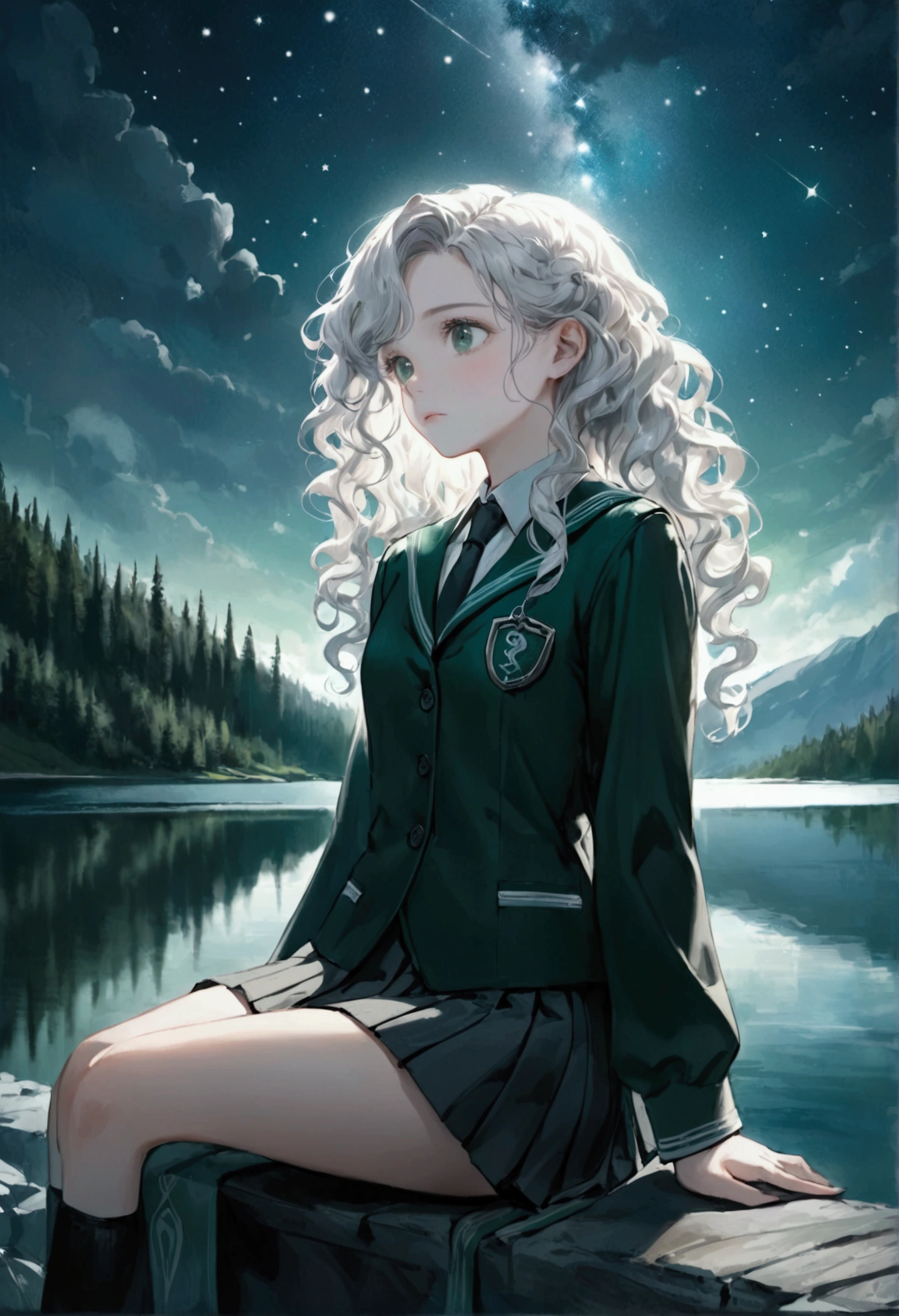 Beautiful long white curly haired girl, wearing a slytherin uniform, sitting next to Tom Riddle at the black lake, gazing up at the stars