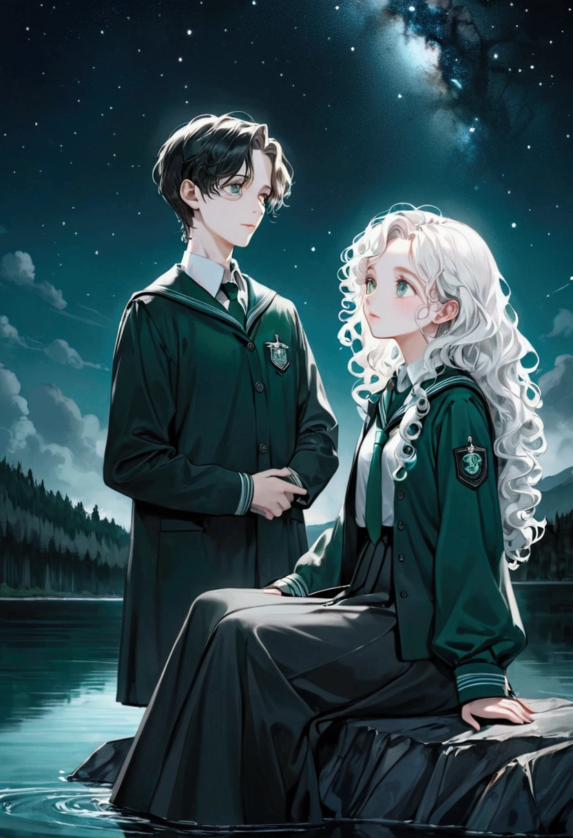 Beautiful long white curly haired girl, wearing a slytherin uniform, sitting next to Tom Riddle at the black lake, gazing up at the stars